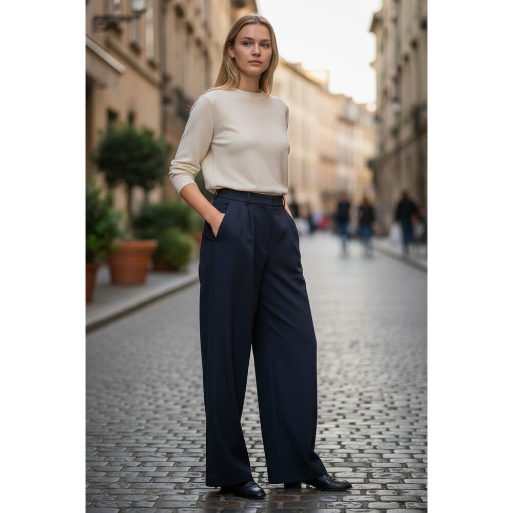 Abercrombie & Fitch Curve Love A&F Sloane Tailored Wide Leg Pants Navy Size 26 2